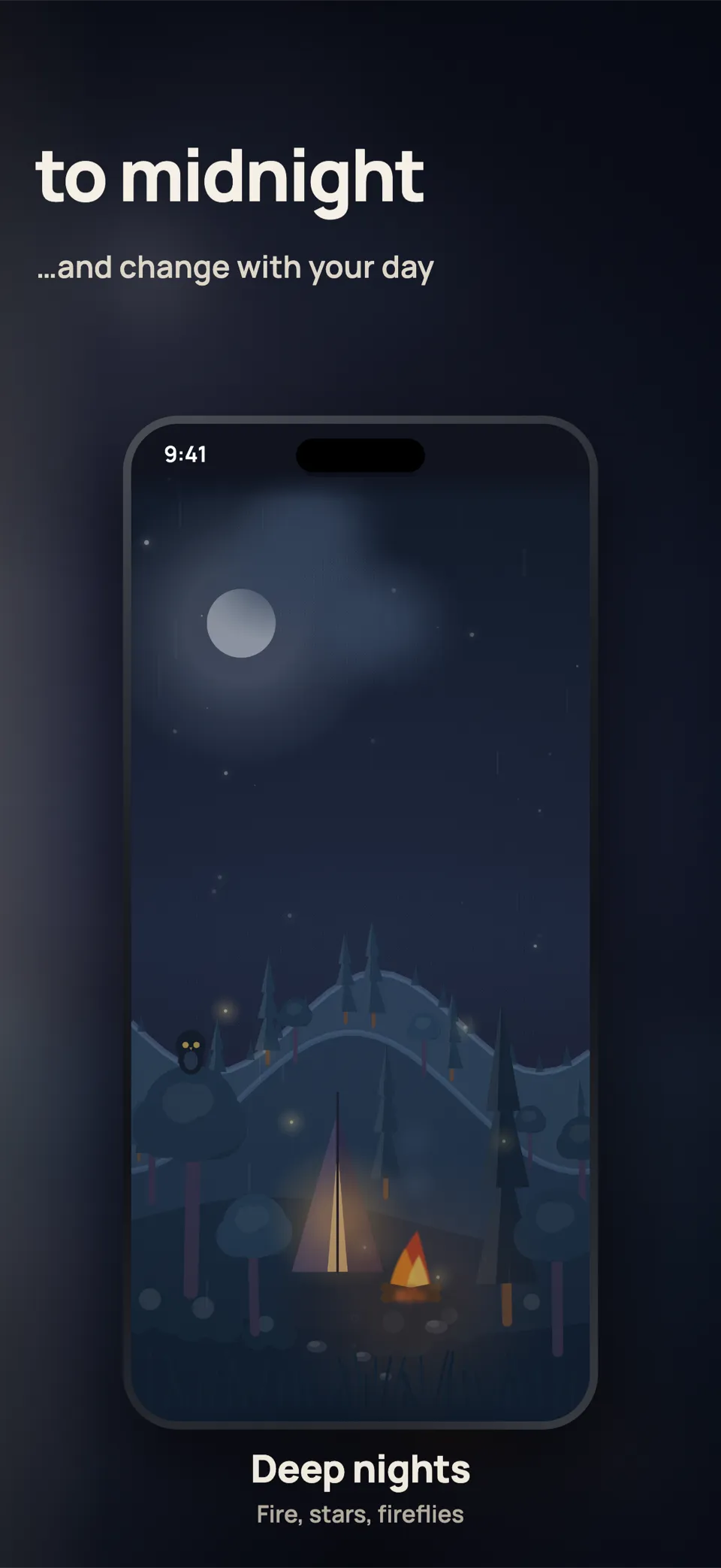 Driftly the same scene at night, dark with stars and a campfire
