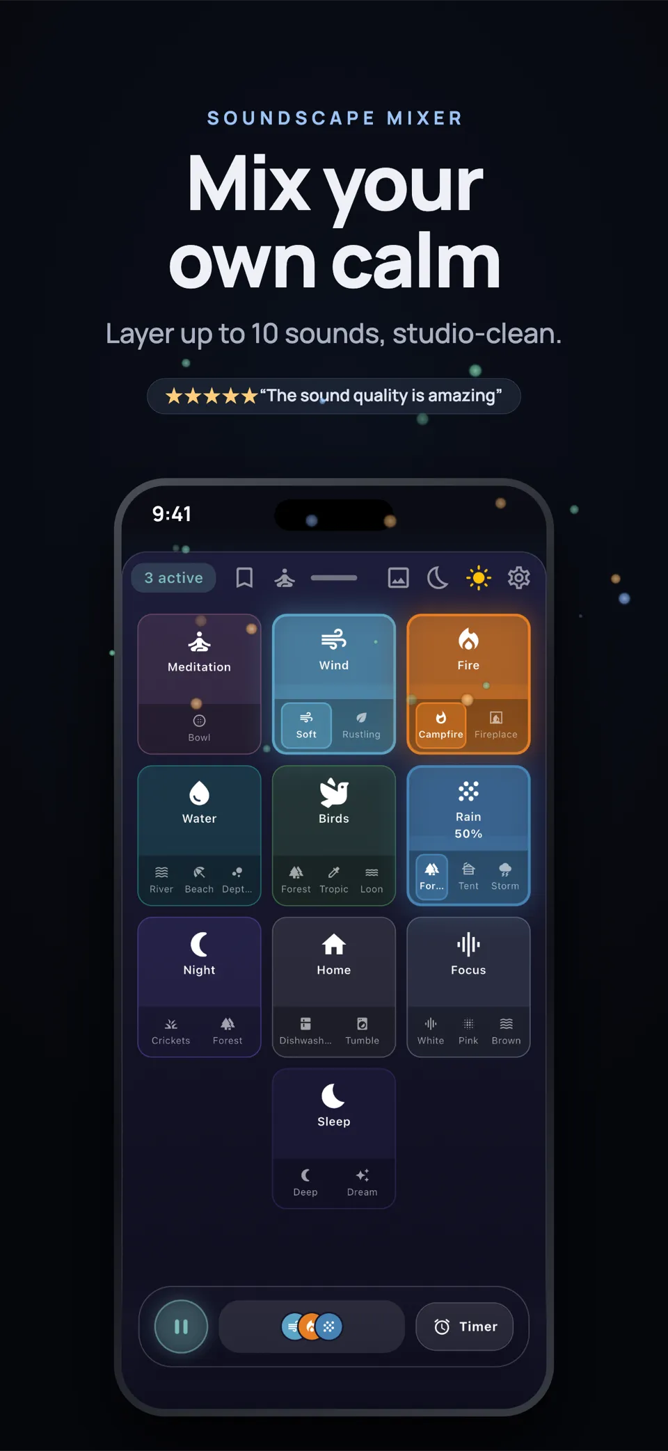 Driftly sound mixer with layered ambient sound tiles