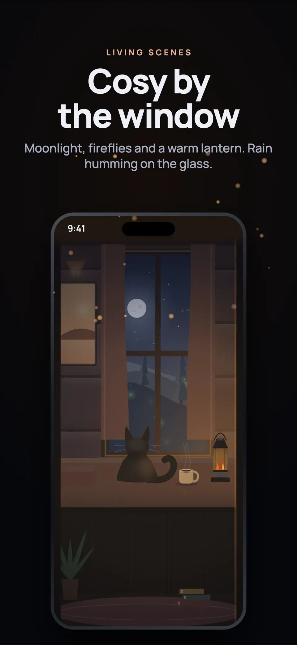 Driftly cabin scene at night with a warm lantern and rain on the glass