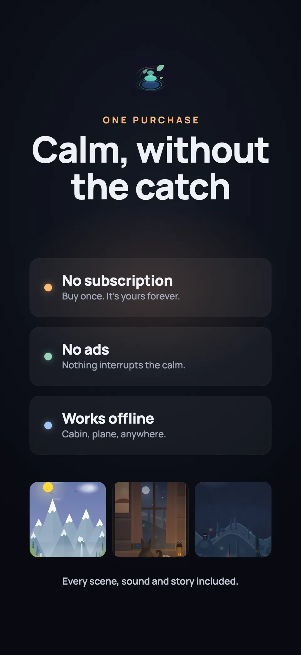 Driftly value screen: no subscription, no ads, works offline, everything included