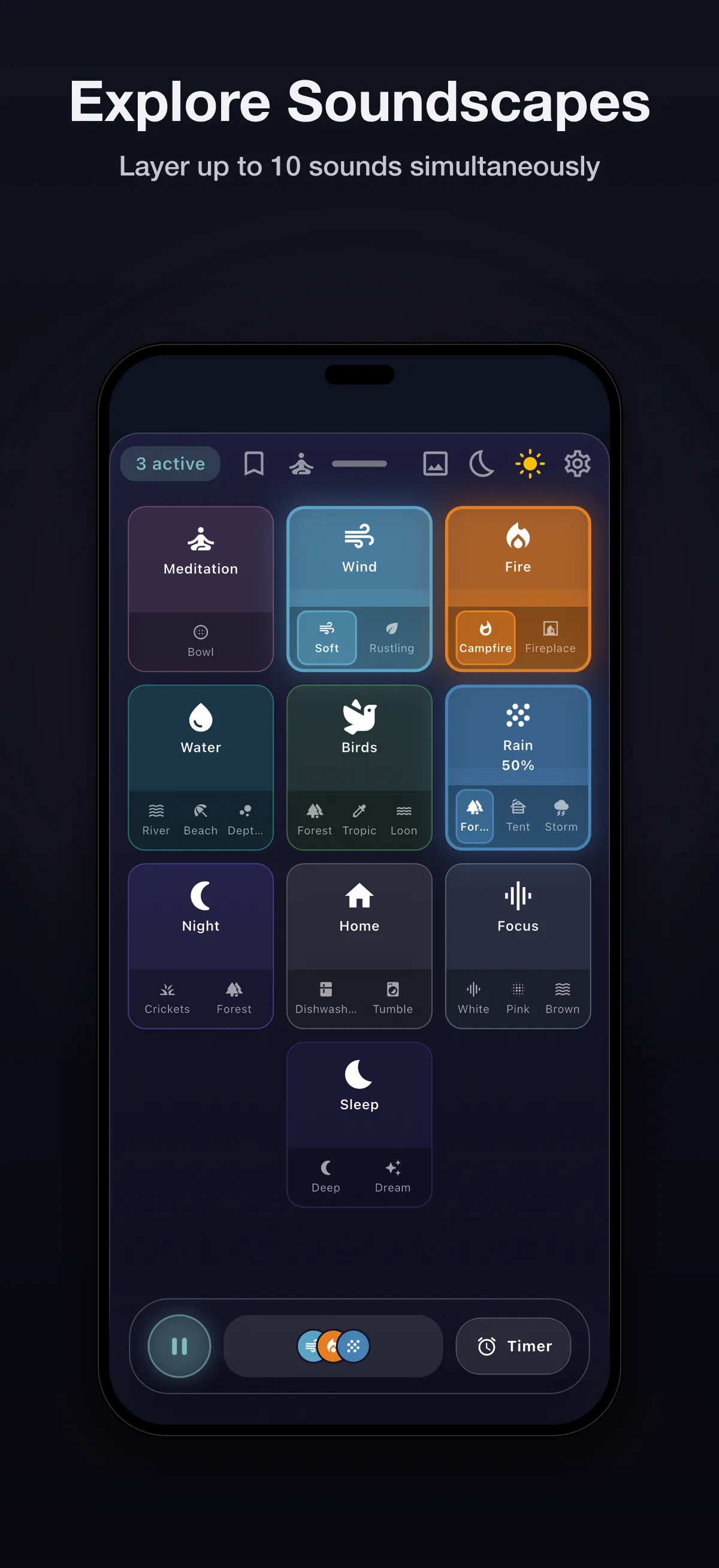 Driftly soundscape mixer showing layered ambient sound tiles