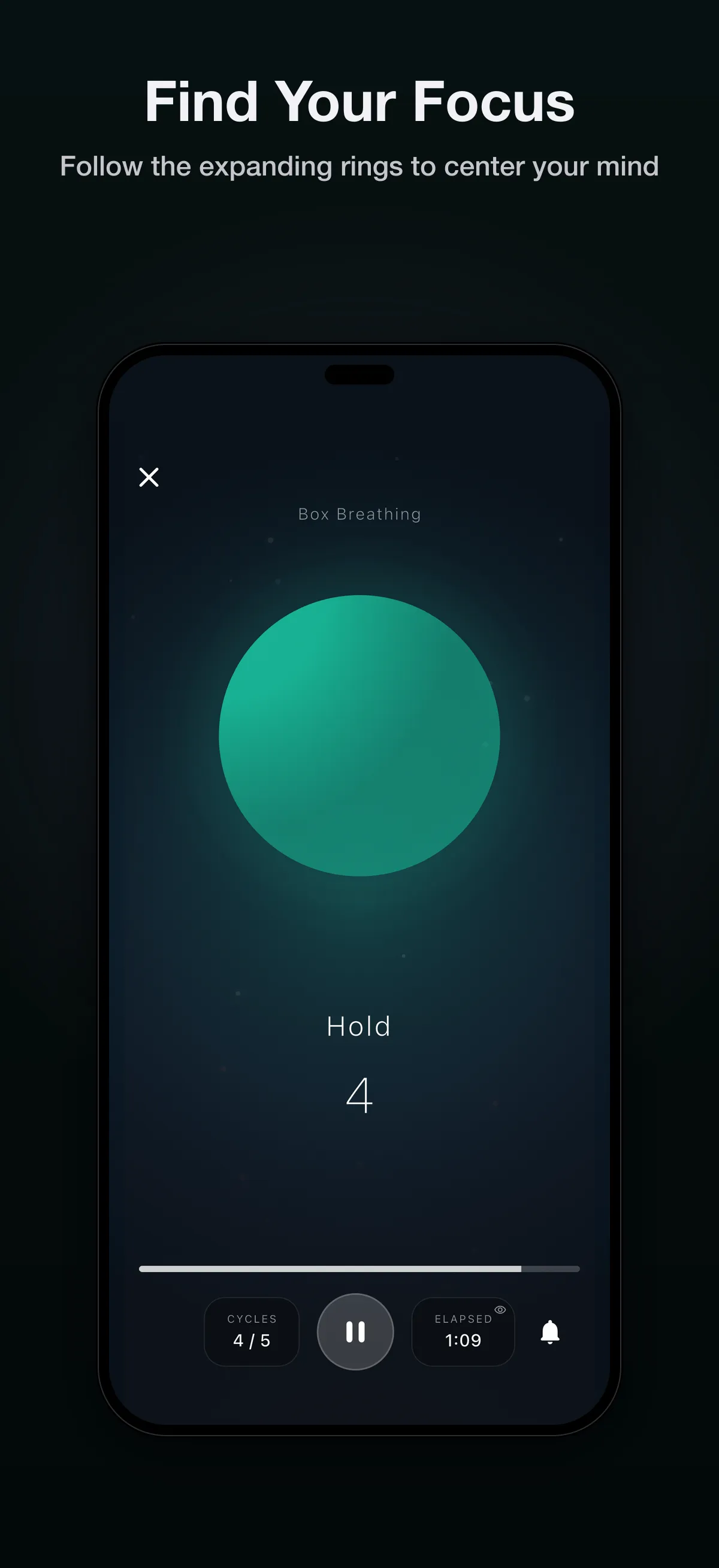 Driftly Find Your Focus breathwork screen with expanding ring