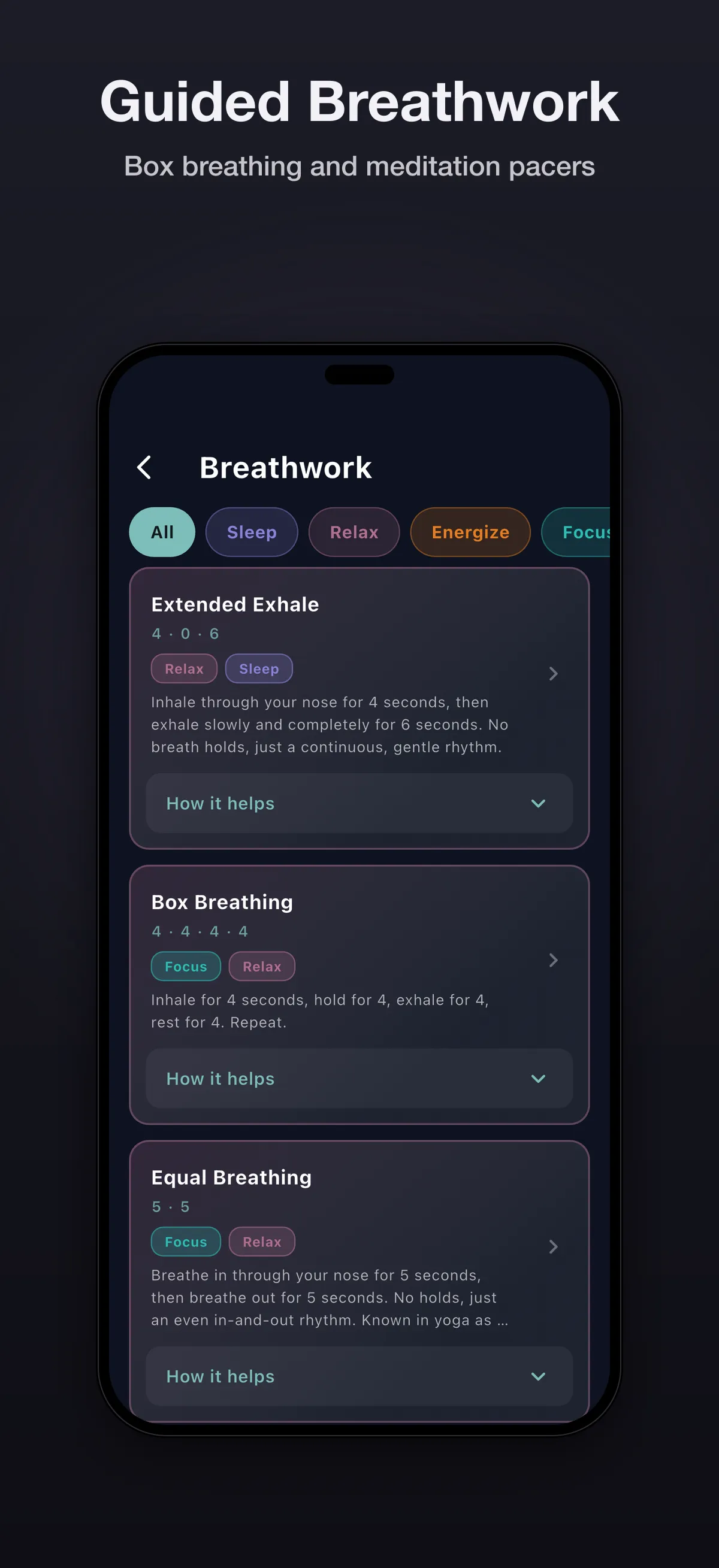 Driftly guided breathwork list with technique descriptions