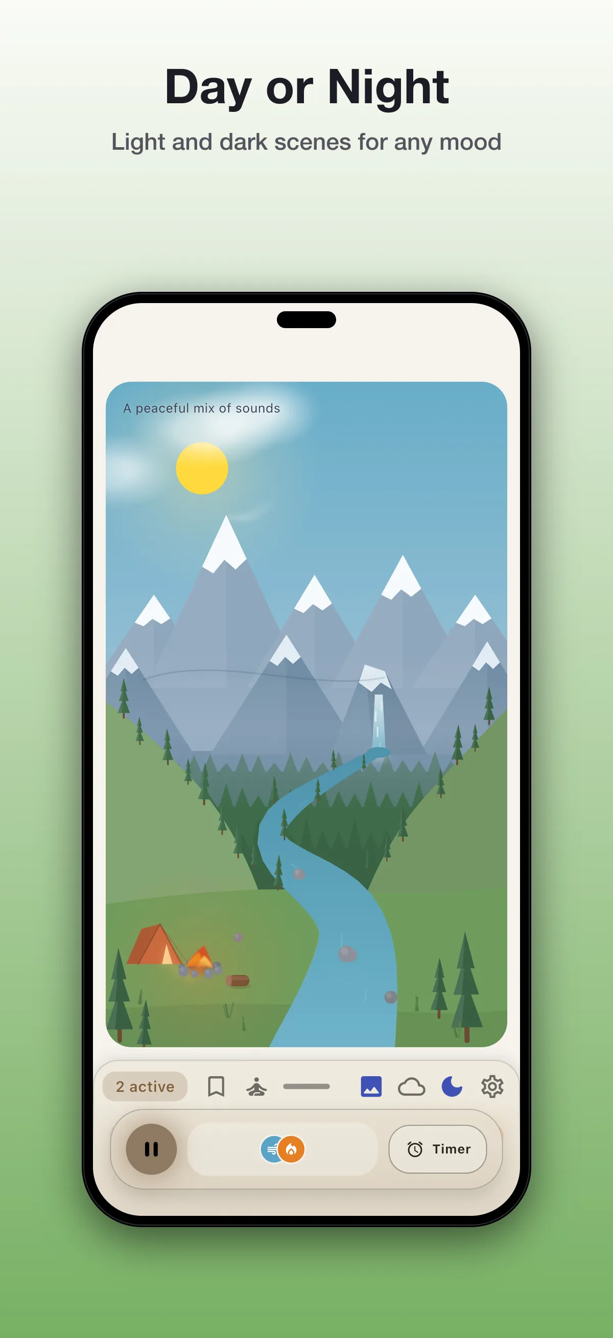 Driftly Day or Night mountains scene in bright light mode